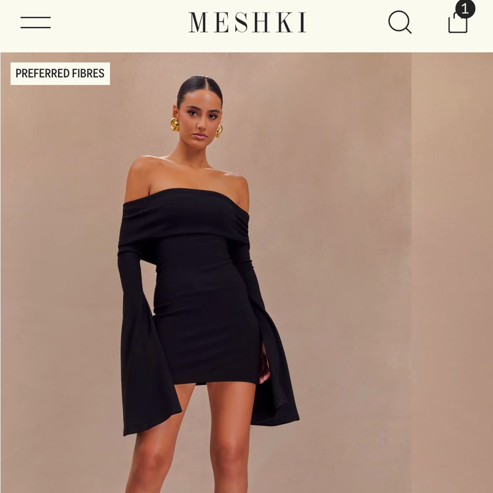 Meshki Off-the-Shoulder Black Dress with Bell Sleeves Size L